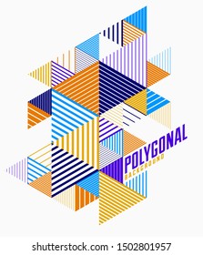 Linear striped abstract vector dimensional 3D background with isolated retro style graphic element with cubes and triangles. Template for poster or banner, cover or ad.