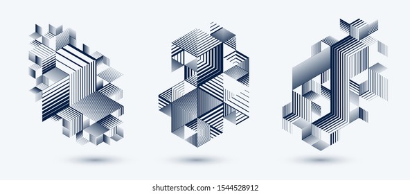 Linear striped abstract vector dimensional 3D backgrounds set with isolated retro style graphic element with cubes and triangles. Templates for posters or banners, covers or ads.