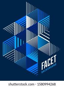 Linear striped abstract vector dimensional 3D background with isolated retro style graphic element with cubes and triangles. Template for poster or banner, cover or ad.