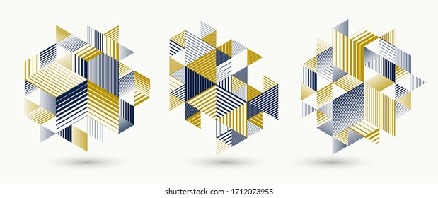 Linear striped abstract vector dimensional 3D backgrounds set with isolated retro style graphic element with cubes and triangles. Templates for posters or banners, covers or ads.
