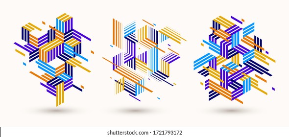 Linear striped abstract vector dimensional 3D backgrounds set with isolated retro style graphic element with cubes and triangles. Templates for posters or banners, covers or ads.