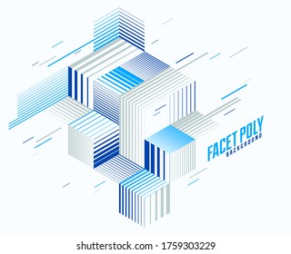 Linear striped abstract vector dimensional 3D background with isolated retro style graphic element with cubes and triangles. Template for poster or banner, cover or ad.