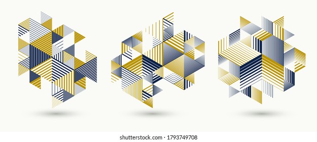 Linear striped abstract vector dimensional 3D backgrounds set with isolated retro style graphic element with cubes and triangles. Templates for posters or banners, covers or ads.