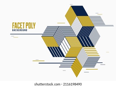 Linear striped abstract vector dimensional 3D background with isolated retro style graphic element with cubes and triangles. Template for poster or banner, cover or ad.