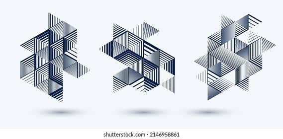 Linear striped abstract vector dimensional 3D backgrounds set with isolated retro style graphic element with cubes and triangles. Templates for posters or banners, covers or ads.