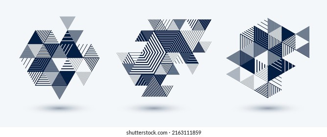 Linear striped abstract vector dimensional 3D backgrounds set with isolated retro style graphic element with cubes and triangles. Templates for posters or banners, covers or ads.