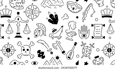 A linear style ancient pattern depicting various elements of medieval, greek, and primitive time periods 