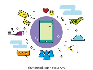 Linear Style Art of Mobile Phone Surrounded by Usual Telecom Elements or App Logo. Editable Clip Art.
