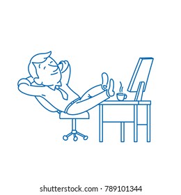 Linear Style Characters Businessman Sitting at Desk Throwing His Hands Behind His Head   Resting  Cartoon Style Vector Illustration
