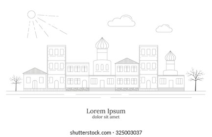 Linear style city landscape with detailed Europe houses, small markets. Outline facilities. Can be used for motion, graphic, web design.