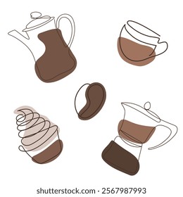 A linear style coffee set. Coffee pot, cup, grain, cupcake, isolated on a white background. The color of 2025. Vector graphics