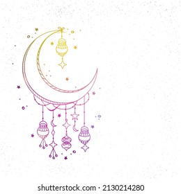 Linear Style Crescent Moon With Hanging Lanterns, Stars Decorated White Background And Copy Space.