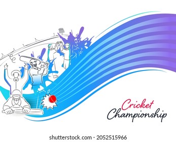 Linear Style Cricket Player Team In Different Poses And Abstract Wave On White Background For Championship Concept.