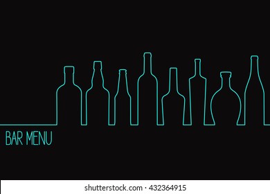 Linear Style Design For Bar Drinks Menu Or Cocktail Party Invitation With Various Bottles 