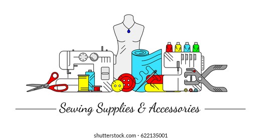 Linear style design collage with sewing icons. Accessories and supplies for tailor studio, sewing store or project. For web-pages, advertising site, signboard or cover. Vector illustration.