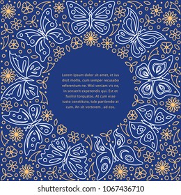 Linear style design template with outline geometric ornament with butterflies, flowers and leaves and place for your text for covers, cards, booklets, flyers or brochures.