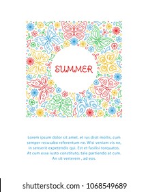 Linear style design template with outline geometric ornament with butterflies, flowers and leaves and place for your text for covers, cards, booklets, flyers or brochures.