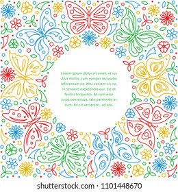 Linear style design template with outline geometric ornament with butterflies, flowers and leaves and place for your text for covers, cards, booklets, flyers or brochures.