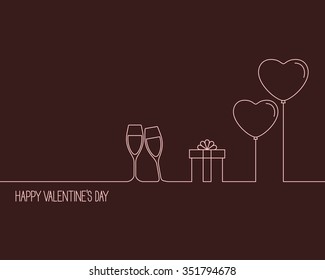 Linear Style Design For Valentines Day Card With Wine Glasses, Gift Box And Heart Shaped Balloons