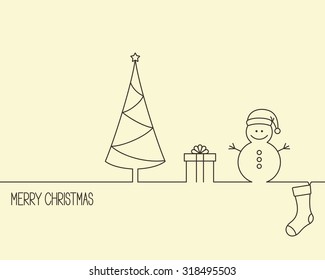 Linear style design for winter holidays with Christmas tree, gift box, snowman and stocking