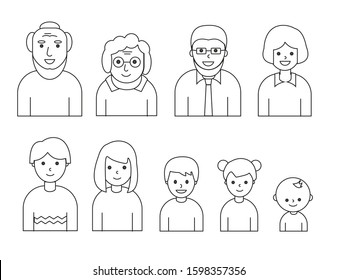 Linear style family: grandfather, grandmother, father, mother, children. People of different generations and ages. Icons set. Vector illustration

