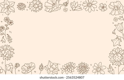 Linear style flower frame template on a light background