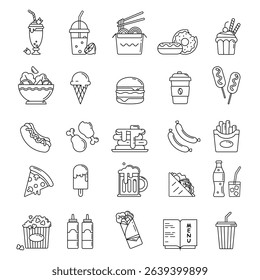 linear style food icons, fast food, street food, drinks. A set of food icons for restaurants and websites, for stores and apps