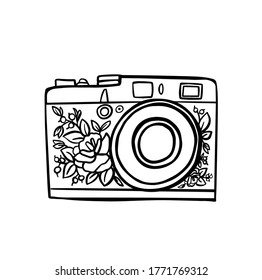 Сamera linear style and Hand drawn vector illustrations, outline. Vector illustration on white background. For cards, posters, decor, t shirt design, logo.