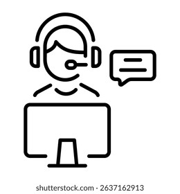 A linear style icon depicting a call service character 