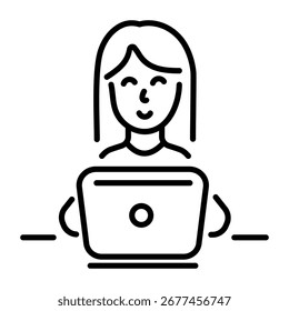 Um ícone de estilo linear que representa um caractere usando laptop