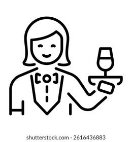 A linear style icon of hotel waitress serving drink 