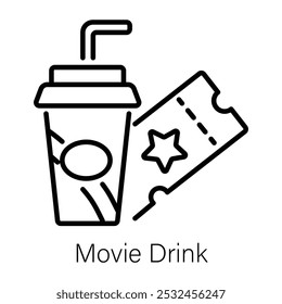 Linear style icon of movie drink and ticket