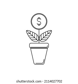 Symbol im linearen Stil. Passives Einkommen. Aus einem Blumentopf wächst eine Dollar-Münze.  