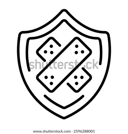 A linear style icon of protection shield with bandages depicting health insurance 