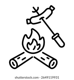 A linear style icon representing campfire cooking 