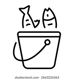 Um ícone de estilo linear que representa um balde de peixe  