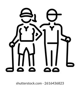 A linear style icon showing a couple golf 
