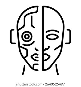 A linear style icon showing a cyborg robot   