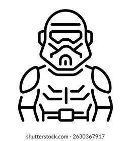 A linear style icon showing a futuristic soldier