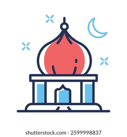 Linear style icon showing mosque building with moon on top