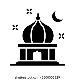 Linear style icon showing mosque building with moon on top