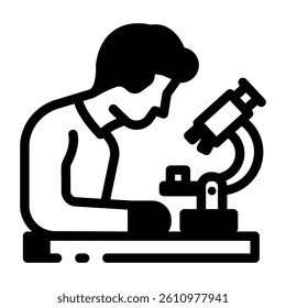 A linear style icon showing student research with a microscope 
