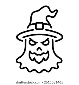 A linear style icon showing a witch ghost 