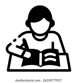 A linear style icon of a student writing a notebook 
