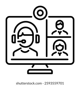 A linear style icon of video call between many characters 