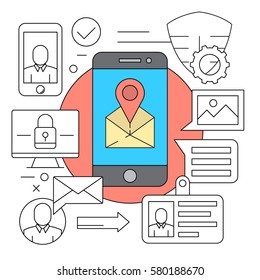 Linear Style Icons. Business and Communication Elements. Colorful Background