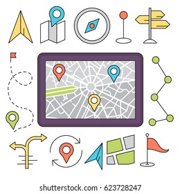 Linear Style Icons. Minimal Navigation and Travel Elements. Colorful Backgrounds
