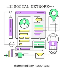Linear Style Icons. Minimal Web and Business Elements. Colorful Backgrounds. Social Network