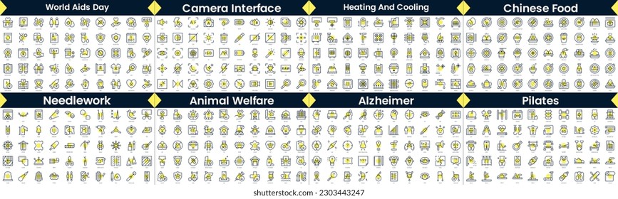 Linear Style Icons Pack. In this bundle include world aids day, camera interface, heating and cooling, chinese food, needlework, animal welfare, alzheimer, pilates