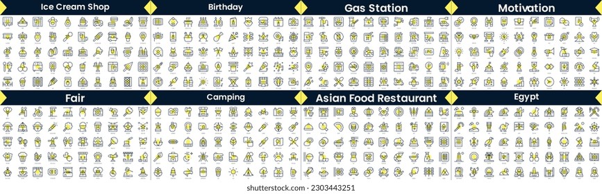 Linear Style Icons Pack. In this bundle include ice cream shop, birthday, gas station, motivation, fair, camping, asian food restaurant, egypt
